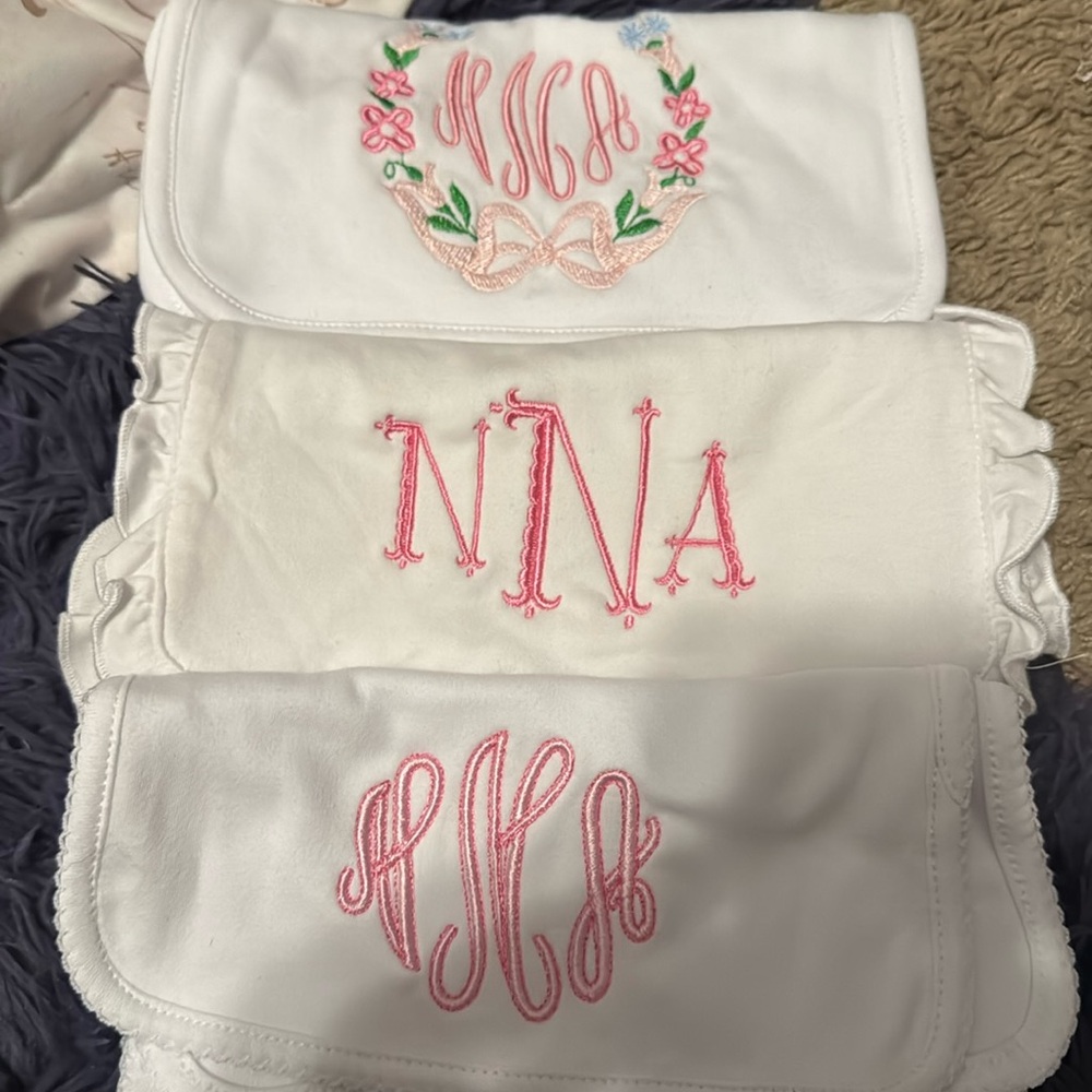 Custom embroidered initial burp cloths NAN initials